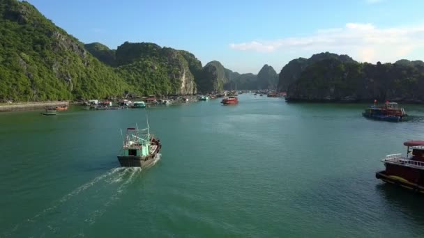 オバチは青い空を背景に緑の島々 の間静かな紺碧湾フィヨルドにセーリングの漁船に近い — ストック動画