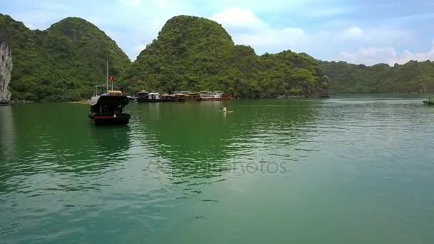 Drone Move Através Baía Tranquila Passado Caiaques Barcos Pesca Para — Vídeo de Stock