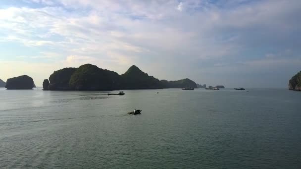 Boats Sail Wide Tranquil Ocean Bay Distant Dark Rocky Islands — Stock Video