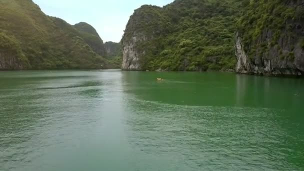 Flycam Déplace Sur Eau Tranquille Baie Verte Avec Des Sportifs — Video