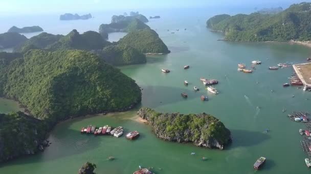 Drone Déplace Sur Baie Océanique Tranquille Incroyable Avec Village Flottant — Video