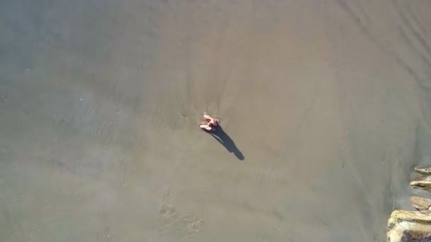 fantastique vue aérienne fille figure assis dans la pose de yoga Ushtrasana parmi les vagues lavage sable humide approches de la caméra 