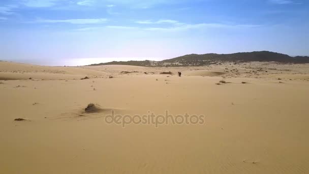 merveilleuse vue supérieure fille yoga praticien fait pose difficile sur le sable parmi le désert et la montagne en arrière-plan 