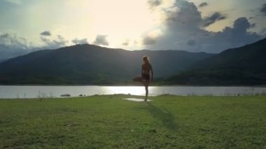 Vrikshasana düz nehir kıyısında huzurlu manzara karşı hava görünümünü uzun boylu kız siluet yoga tribünlerde poz