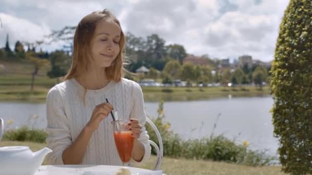 Vind Skakar Fin Blond Flicka Löst Flyter Hår Sitter Med — Stockvideo