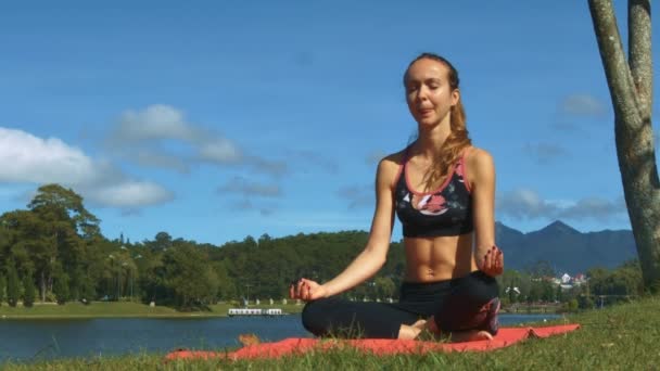 Portre Sarışın Kız Üst Tozluk Yoga Poz Resimsel Yeşil Nehir — Stok video