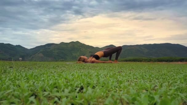 Drone Montre Fille Forte Faire Yoga Sur Herbe Verte Contre — Video