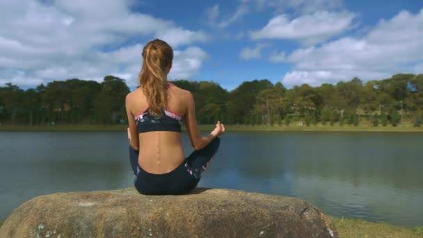 Backside View Young Woman Long Blond Ponytail Sits Smooth Boulder — Stock Video