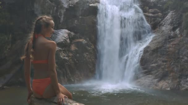 Nahaufnahme Seitenansicht Lächelndes Mädchen Mit Langen Haaren Genießt Malerische Natur — Stockvideo