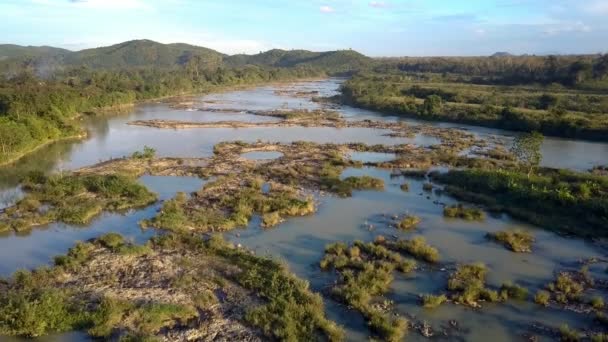 Pictorial Aerial Motion Calm River Small Islands Thin Trees Running — Stock Video