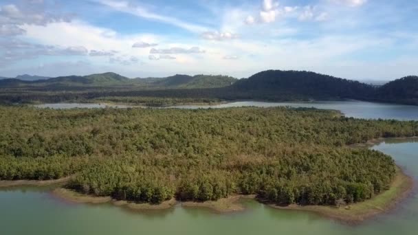 無限の青い空と暗い丘のフラット砂湖の島の素晴らしい空撮密な熱帯木 — ストック動画