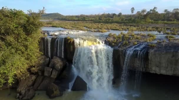 Beautiful Upper Close View Powerful Water Amount Falls Stone Platform — Stock Video