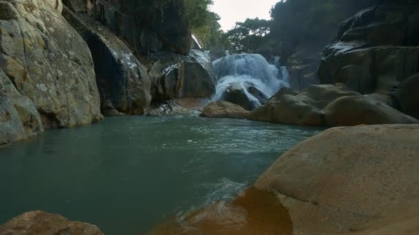 Beautiful View Waterfall Falls Green River Running Stones Tropical Plants — Stock Video