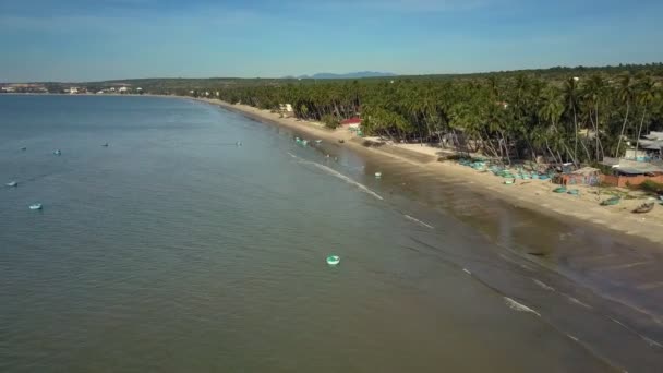 Beautiful Aerial Flying Ocean Fishing Boats Sand Beach Modern Red — Stock Video