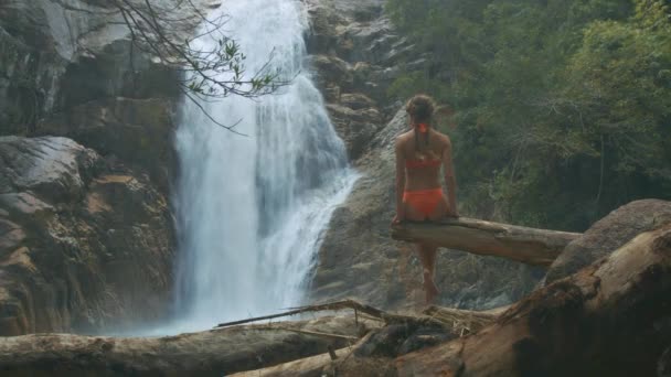 Vista Trasera Chica Delgada Con Trenzas Largas Bikini Naranja Sienta — Vídeos de Stock