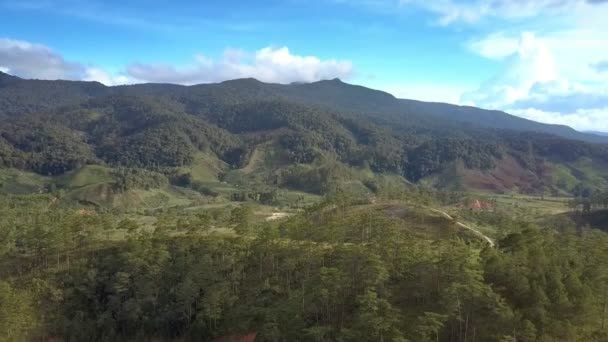 在薄薄的森林小山上的全景飞行反对大黑暗的山链子和无边的蓝天与云彩 — 图库视频影像