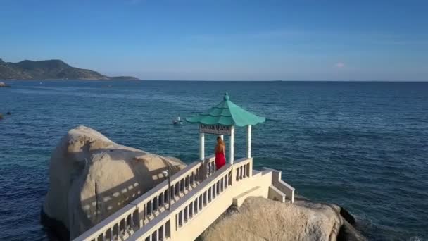 Luftaufnahme Mädchen Langem Kleid Steht Pavillon Auf Riesigen Felsen Ozean — Stockvideo