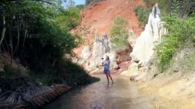 arka görüş kamerası kız ünlü peri akışı sığ su beyaz kayalar karşı boyunca yürüyüş selfie sopa ile takip eder