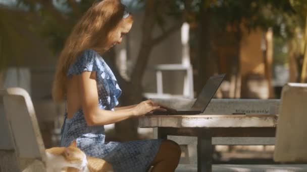 侧面视图可爱的女孩与松散流动的头发类型在笔记本键盘上的石头桌红猫坐在长凳上的女孩 — 图库视频影像