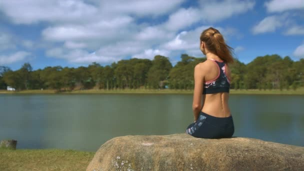 Vista Posteriore Giovane Donna Con Lunga Coda Cavallo Bionda Siede — Video Stock