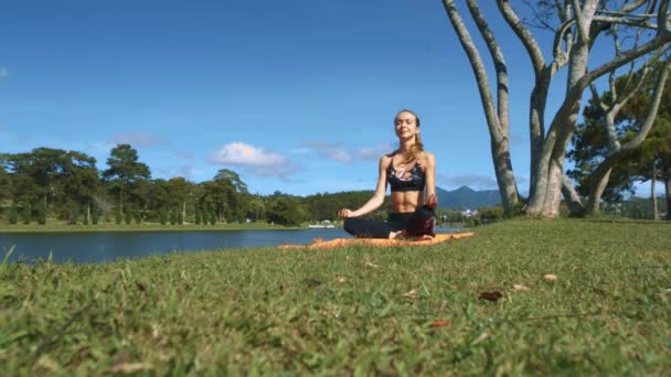 Fille Aux Cheveux Blonds Trouve Dans Pose Yoga Padmasana Sur — Video