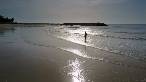 Fantastisk Utsikt Lady Siluett Går Längs Havet Vågor Kant Mot — Stockvideo