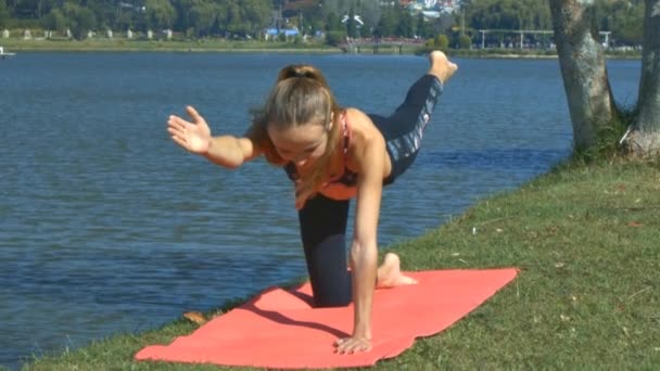 Gros Plan Mince Fille Athlétique Tient Position Yoga Dur Sur — Video