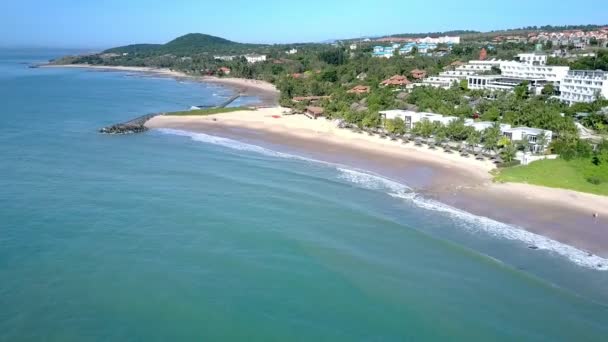 迷人的全景多层酒店坐落在海岸上 覆盖着热带植物和海洋洗涤 — 图库视频影像