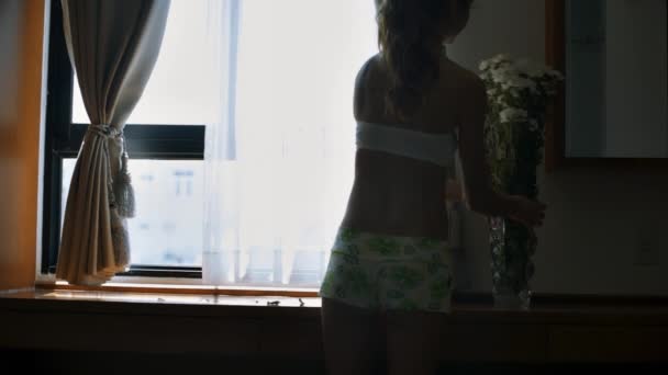 スリムな女の子のシルエット調整明るい窓の日光に対するクリスタルの花瓶の花裏面表示を閉じる — ストック動画