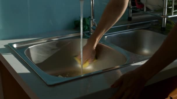 クローズ アップの女の子の素敵な手を洗う青い壁とモダンなキッチンの泡沫状のスポンジを使用して鋼シンク — ストック動画
