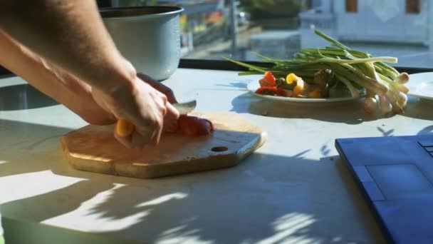 Nahaufnahme Mädchen Schneidet Tomate Mit Messer Auf Holzbrett Und Laptop — Stockvideo