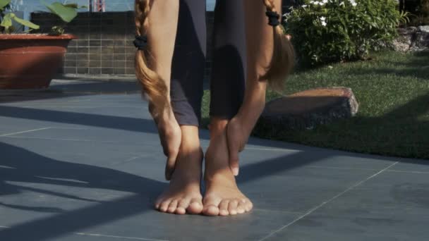 Closeup Woman Does Gymnastics Performing Stretching Exercises Rooftop Terrace Decorated — Stock Video