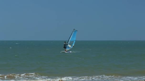 Windsurfer Cae Tabla Agua Del Océano Entrenador Viene Dar Instrucciones — Vídeos de Stock