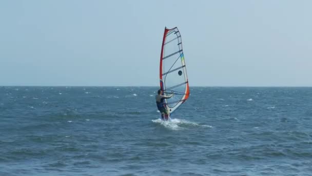 アスレチックの男は海の波をキャッチし 遠い地平線に対して帆を保持基板のサーフィン — ストック動画