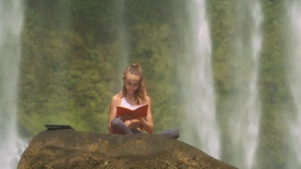 かなり金髪長い髪の女の子が国立公園内の滝のジェット機の後ろに緑の植物に対して巨大な岩の上の赤い本を読み取ります — ストック動画