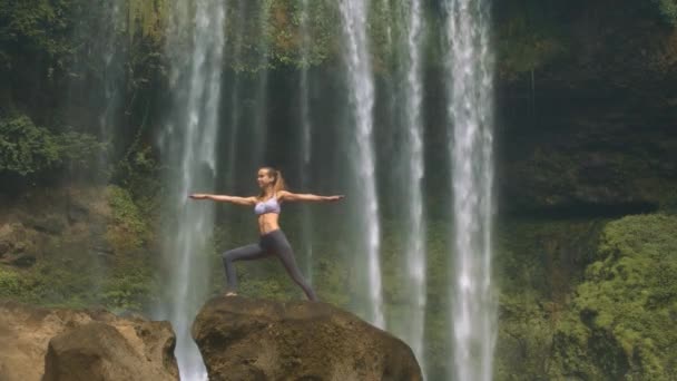 Yan Görünümü Genç Güzel Kadın Resimsel Şelale Büyük Kayaya Yoga — Stok video