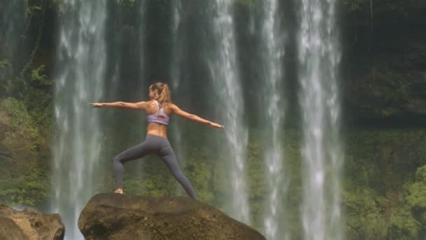 Schlankes Mädchen Mit Pferdeschwanz Posiert Yoga Übungen Auf Großem Runden — Stockvideo