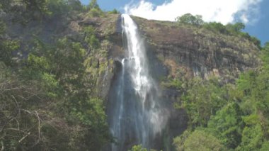 Yeşil ağaçlı yüksek kayalık kayalıklardan resimli şelale.
