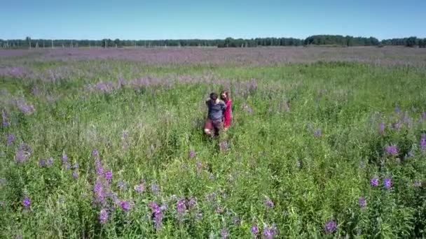 恋のカップルが美しい花畑を素早く横断 — ストック動画