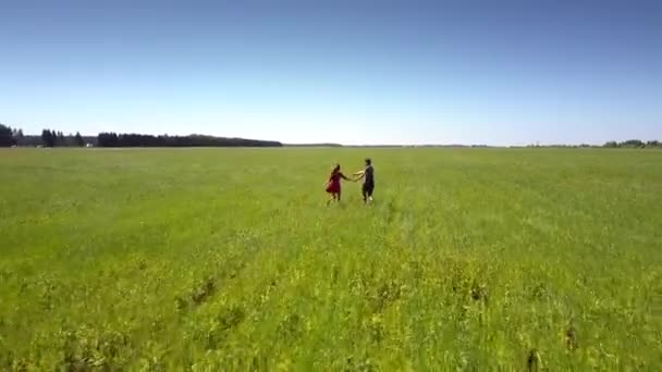 Vert gazon pétillant se déplace et entoure joli couple — Video