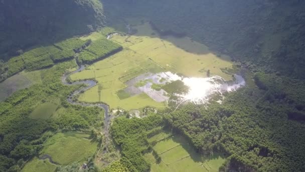 Lansekap dengan stamp sungai dan bidang pada pandangan udara hari — Stok Video