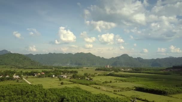 Luftbewegung über Feldern und Kleinstädten unter blauem Himmel — Stockvideo