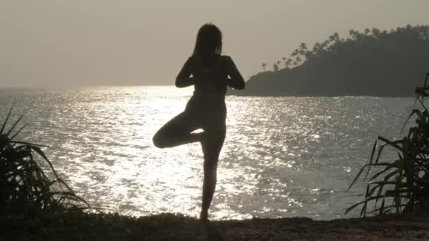 Ung kvinna står på ben i yogapose mot vatten — Stockvideo