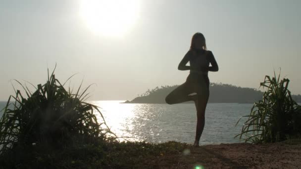 Jovem mulher fica na perna na postura de ioga contra a água — Vídeo de Stock