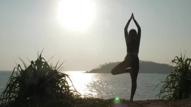 Joven mujer de pie sobre pierna en yoga pose contra agua — Vídeos de Stock