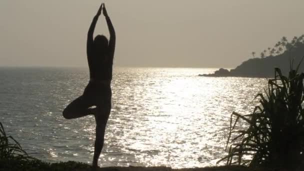 Joven mujer de pie sobre pierna en yoga pose contra agua — Vídeos de Stock