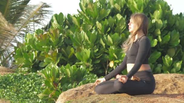 Uzun, dalgalı saçlı bayan yoga pozunda meditasyon yapıyor. — Stok video