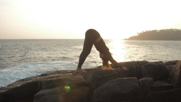 Fille avec de longs cheveux lâches s'étend contre la mer sans fin — Video