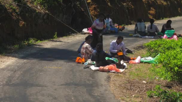 Local tea plantations workers relax sitting on grey road — 비디오