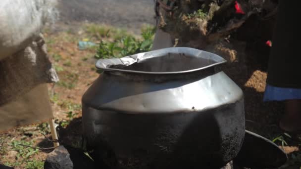 Місцева леді готує чай у великому металевому горщику на багатті — стокове відео
